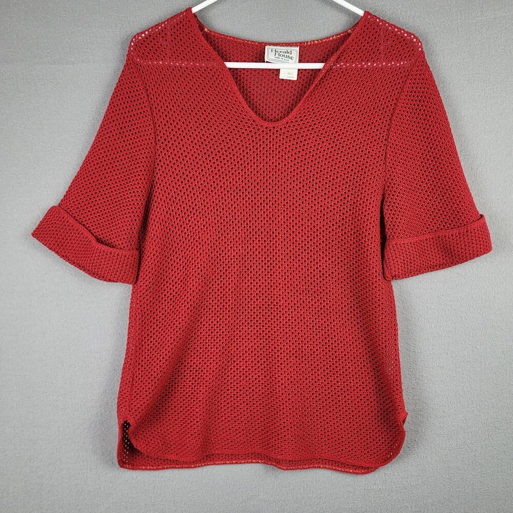 Vintage Herald House Size L Loose Knit Sweater Top Red Coastal Beach Made In USA